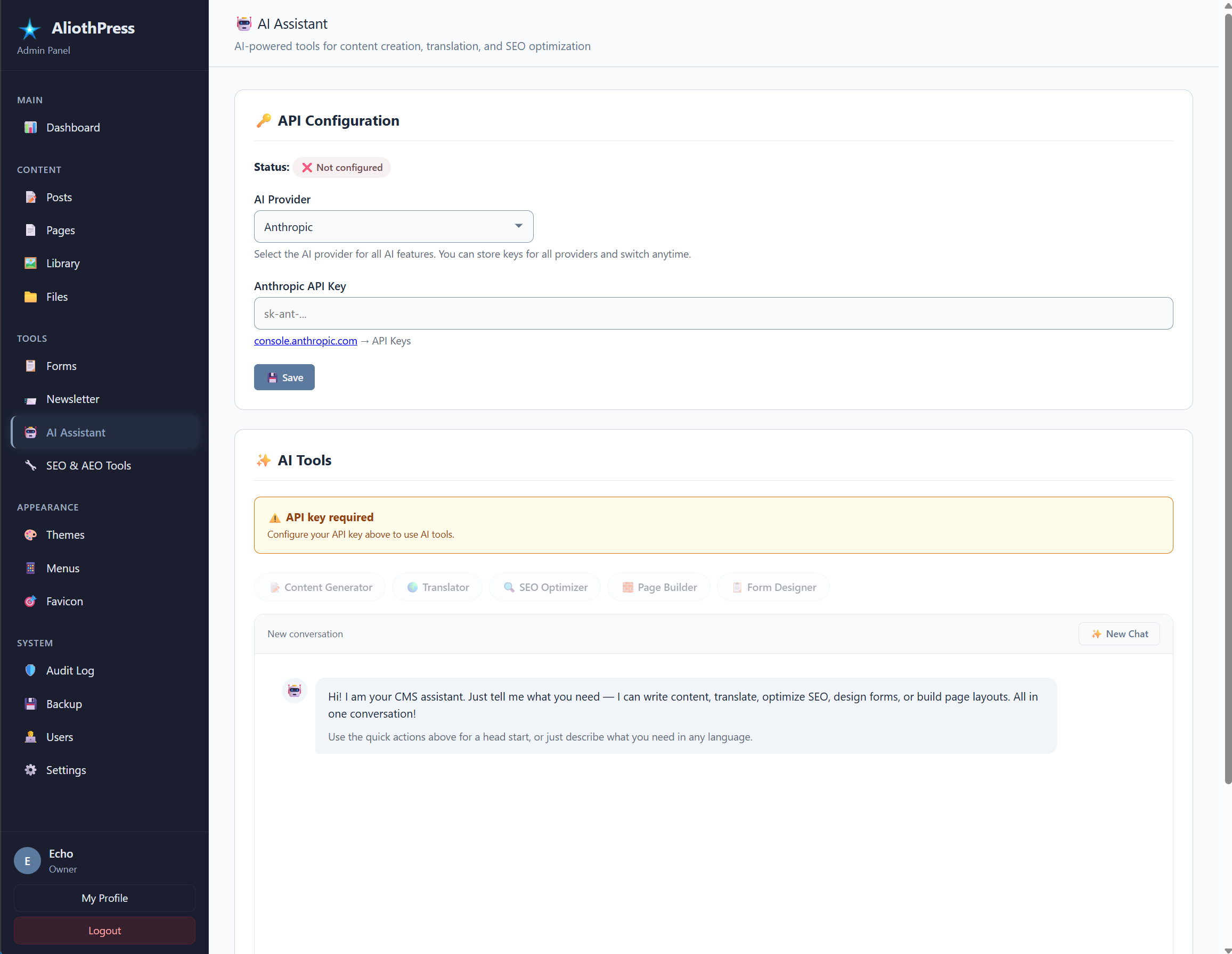 AI Assistant section in the AliothPress admin panel