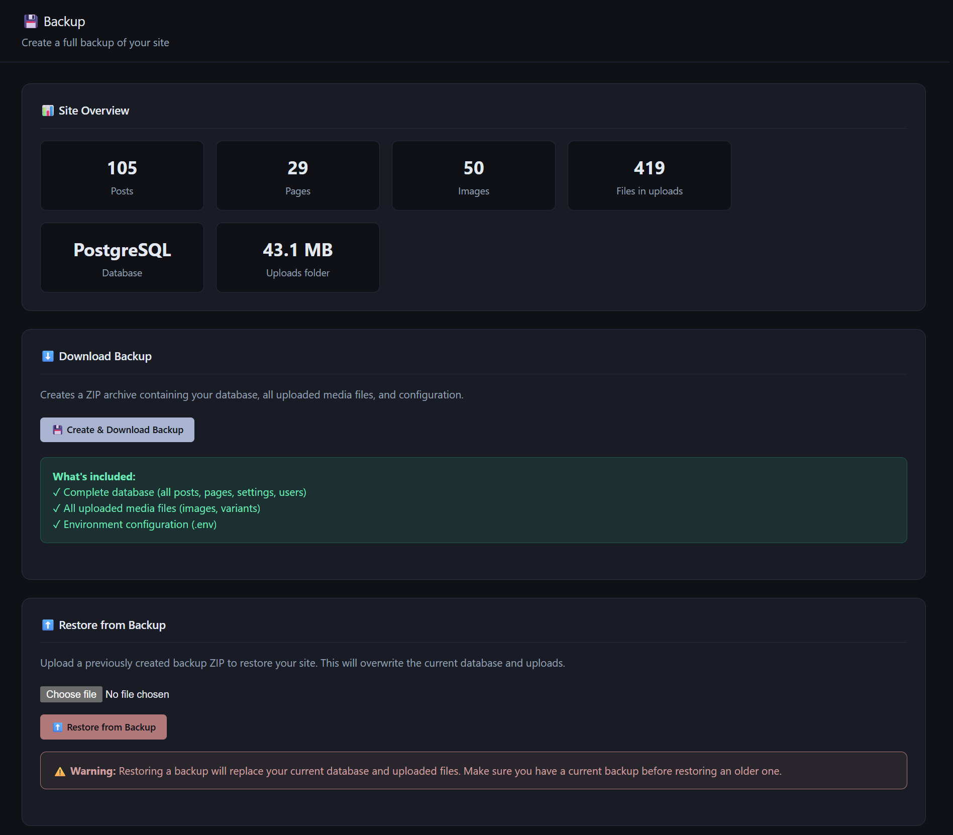 Sección de copias de seguridad en el panel de control de AliothPress con opciones para crear y descargar un archivo ZIP completo y bloque para restaurar respaldos.