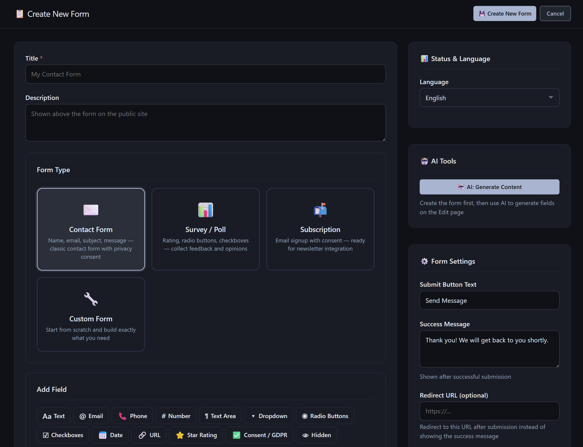 Interfaz del creador de formularios de AliothPress CMS en la pantalla Crear nuevo formulario