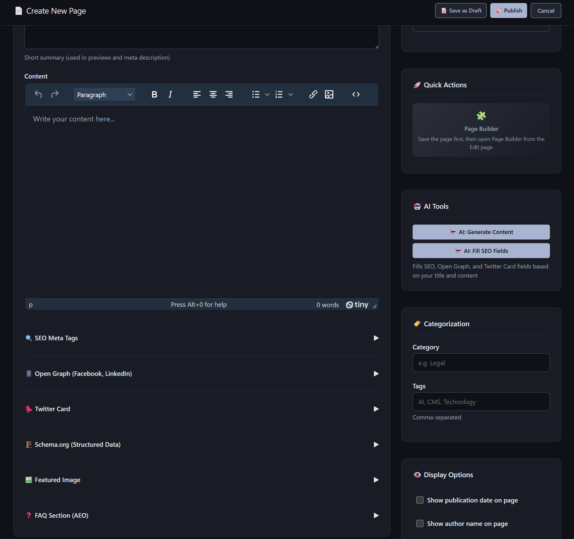 Bereich „Create New Page“ der AliothPress-Admin-Panel mit einem Rich-Text-Editor, einklappbaren SEO- und Metadaten-Einstellungen sowie Seitenleisten für AI-Tools und Kategorisierung.