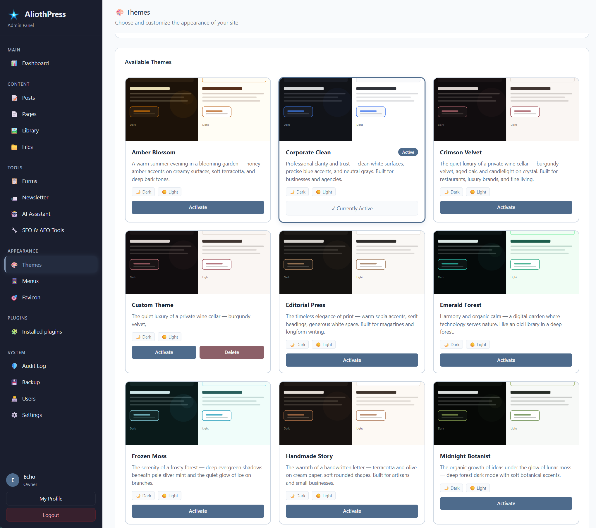 AliothPress admin panel showing the available themes dashboard with active, core, and custom theme options.