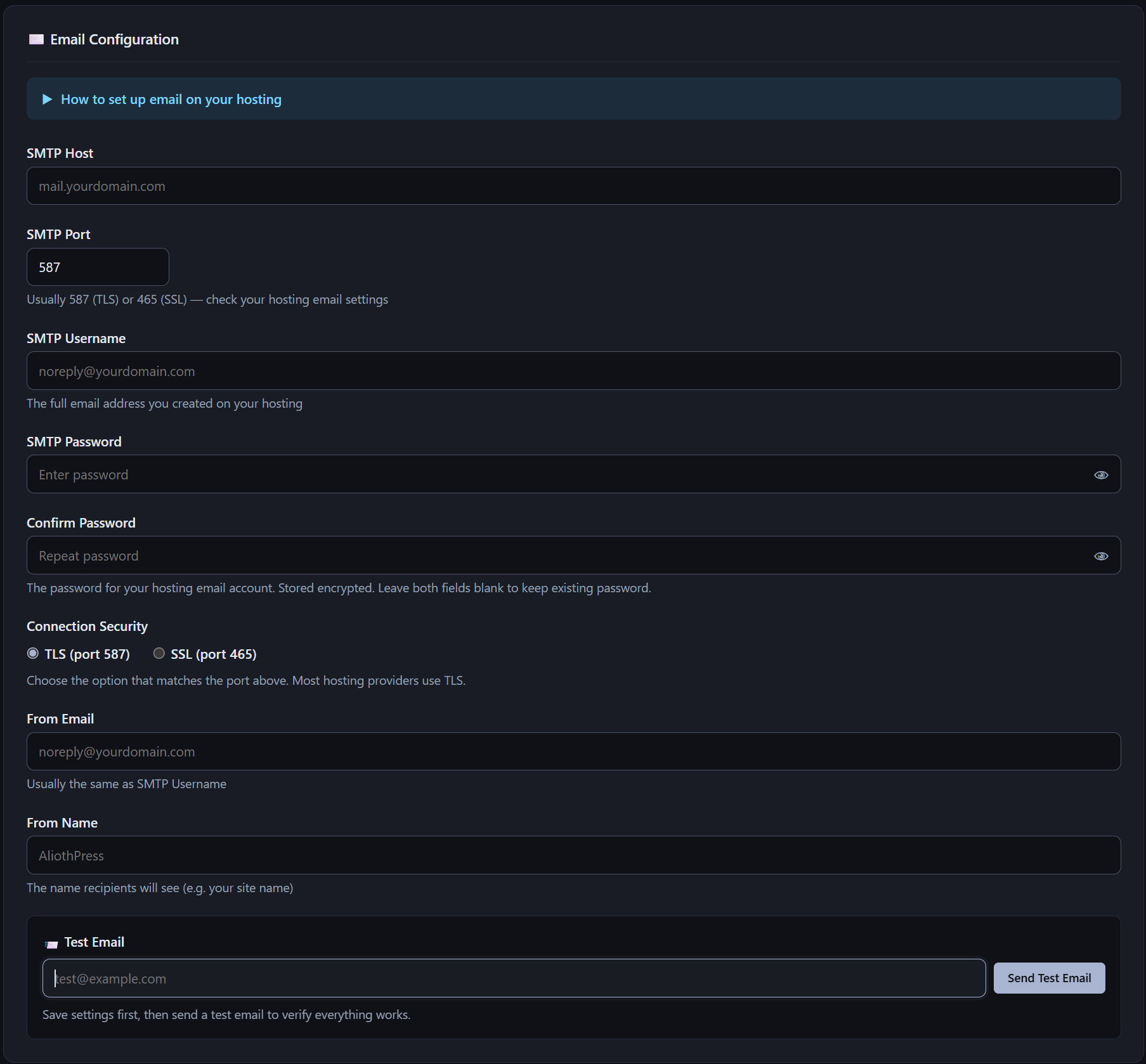 AliothPress CMS: Configuración del correo por SMTP en «Ajustes» del panel de control