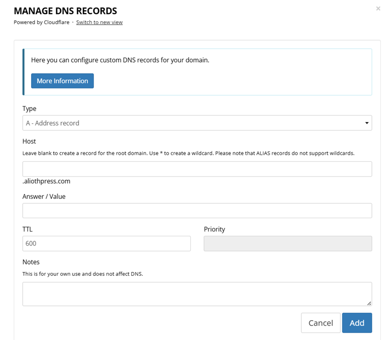 Screenshot of the DNS settings page on Porkbun.