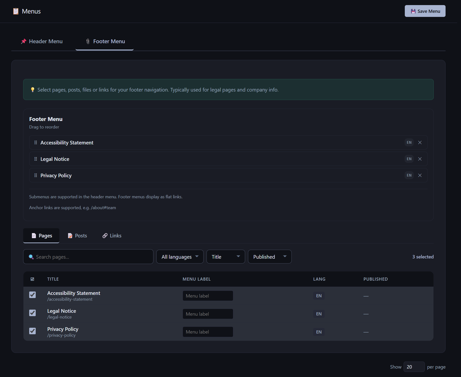 Una captura de pantalla del AliothPress menu builder.