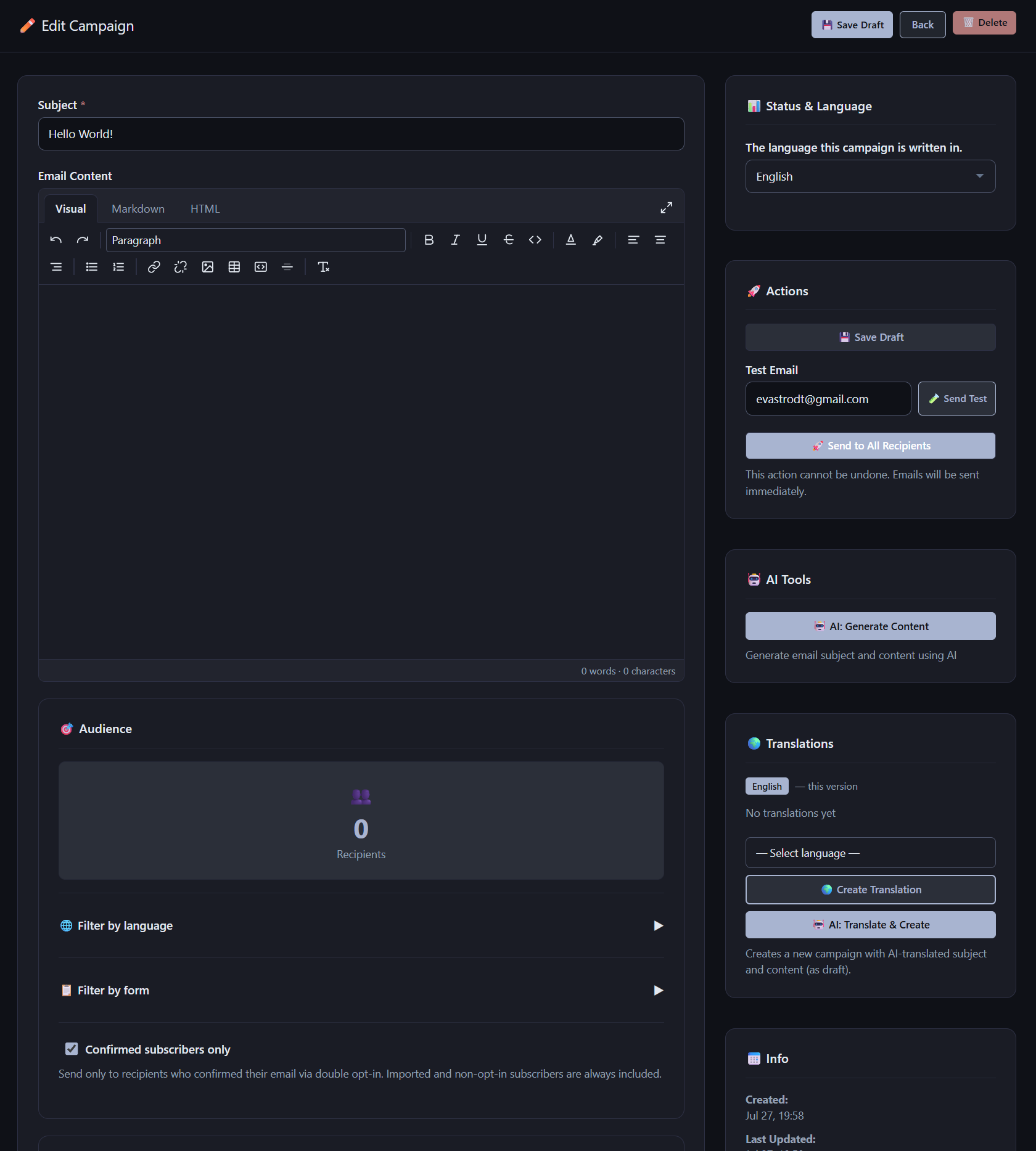 Pantalla «Editar campaña» del módulo Boletín en AliothPress CMS con el asunto, editor de contenido del email y ajustes de audiencia.