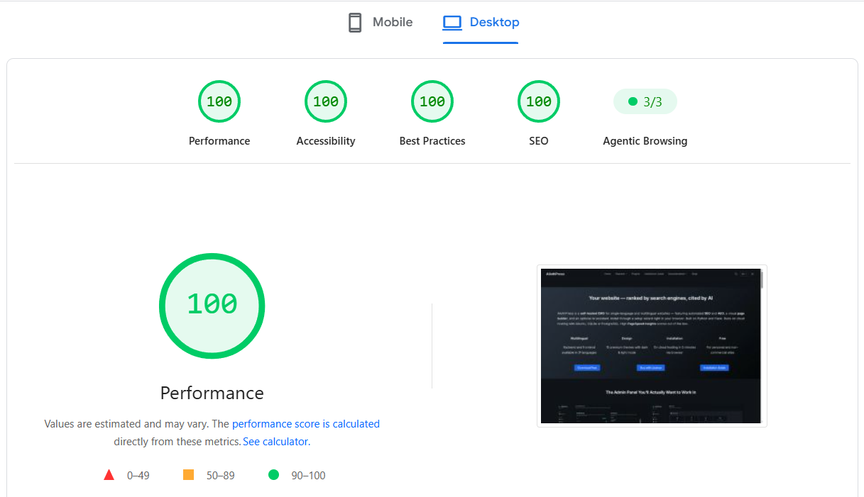 Una captura de pantalla del informe de PageSpeed Insights que muestra 100 en las 4 categorías y 3/3 para Agentic Browsing.