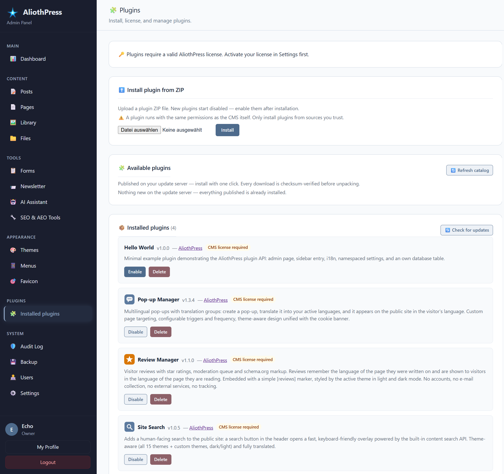 AliothPress admin panel showing the plugins management dashboard with sections to install from ZIP and manage installed extensions.