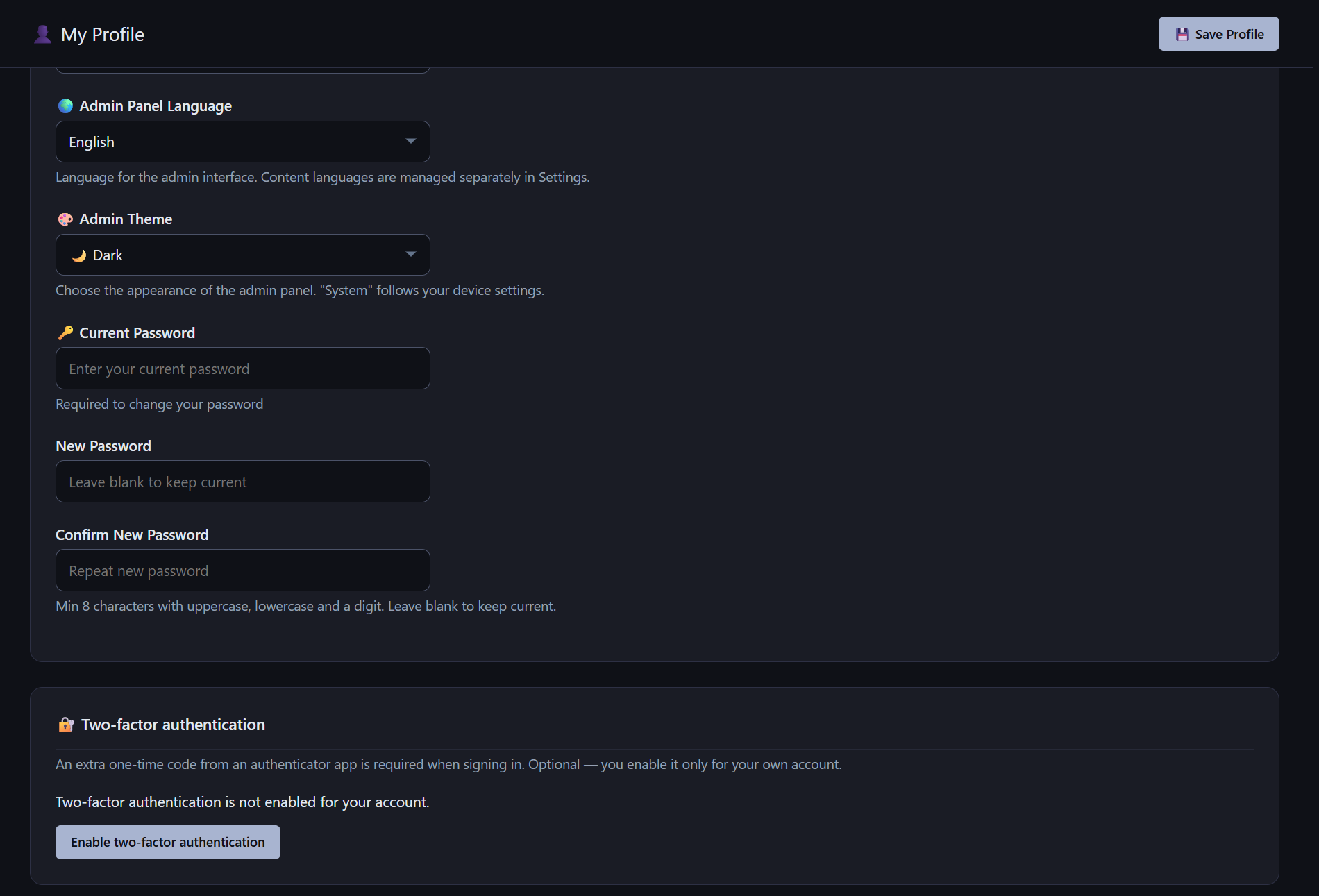 Screenshot of profile settings in the admin panel showing interface language, theme, password change, and two-factor authentication sections.