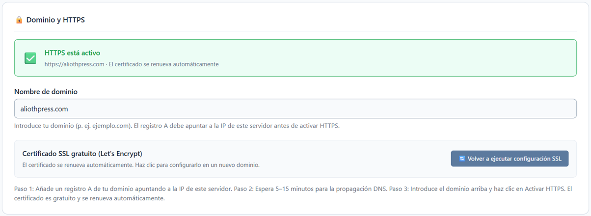 Captura de pantalla de la configuración de dominio y HTTPS en el panel de administración de AliothPress.