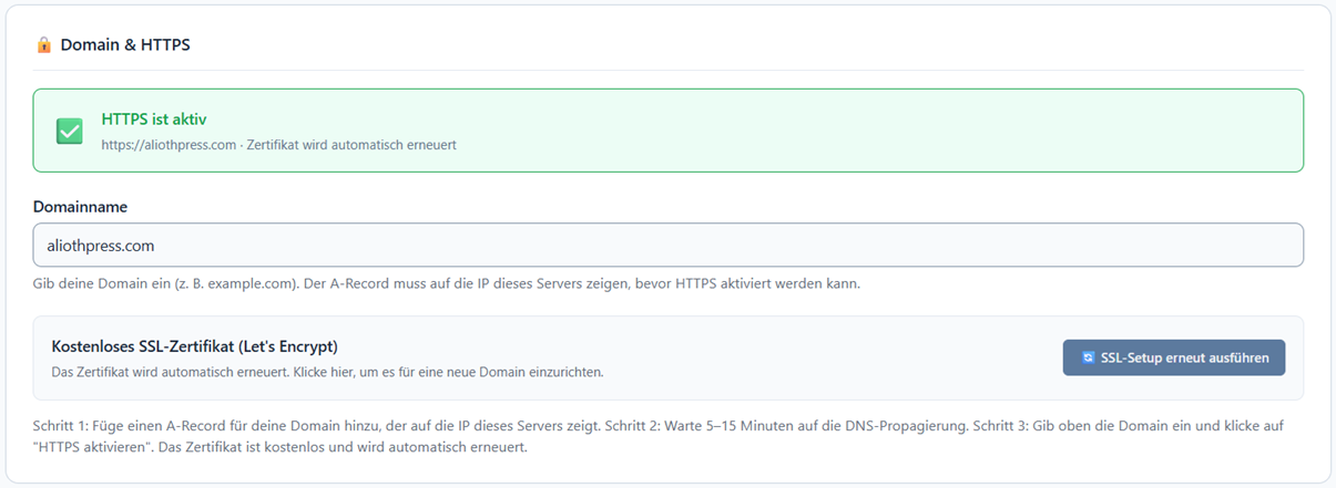Screenshot der Domain- und HTTPS-Einstellungen im AliothPress-Admin-Panel.