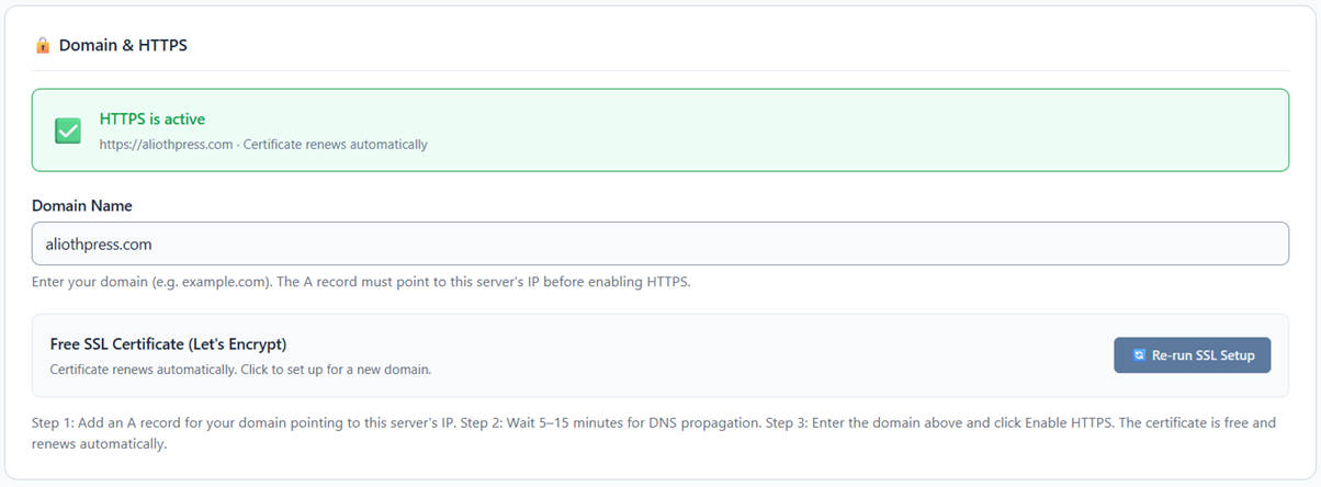 Screenshot of the Domain and HTTPS settings in the AliothPress admin panel.