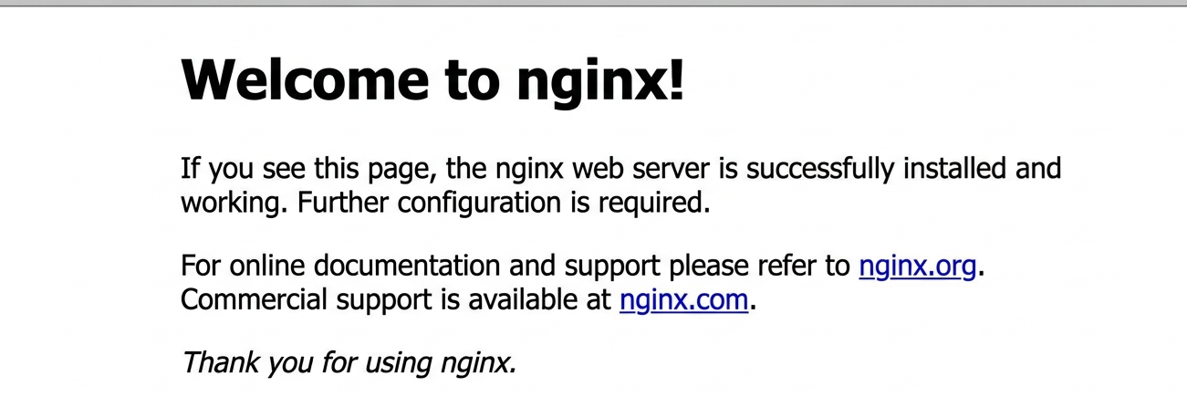 Screenshot of the default Nginx welcome page in a browser window, showing successful installation.